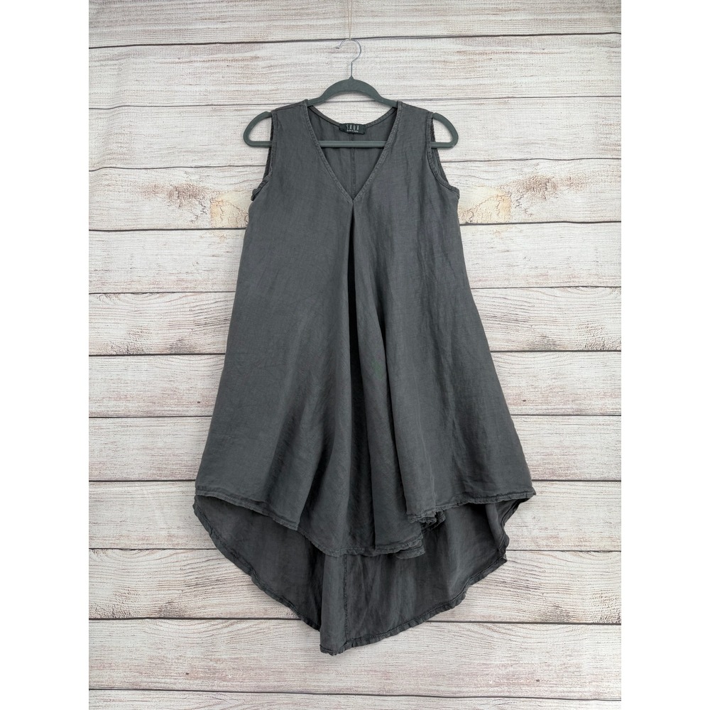 SAGA High Low Sharkbite Dress Womens OS Gray Made in Italy Linen V-Neck Relaxed